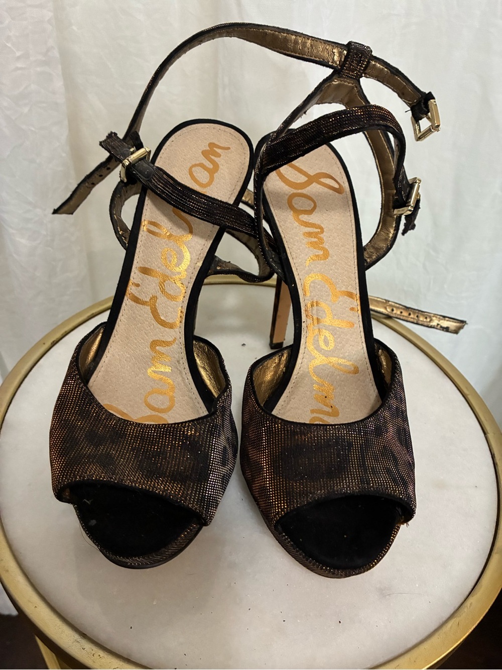 Sam Edelman Bronze Metallic Peep-Toe Ankle Strap Heels